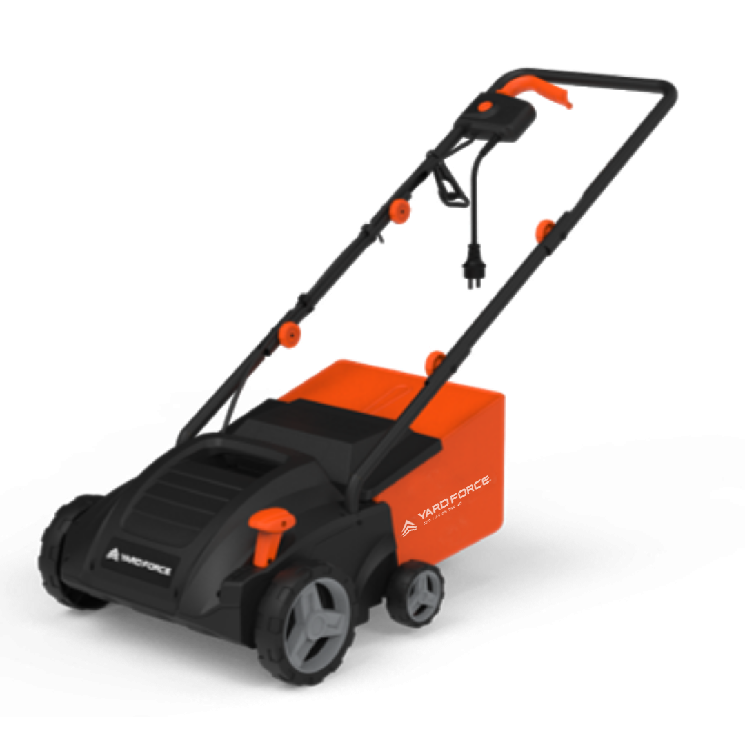 Black and orange scarifier with 'Yard Force' branding on a white background
