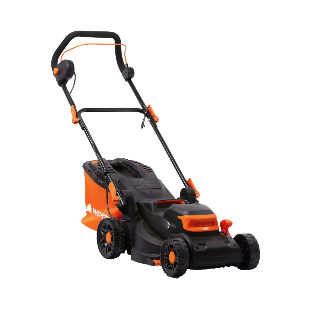 Black and orange Yard Force EM N34B lawn mower on a white background facing right.