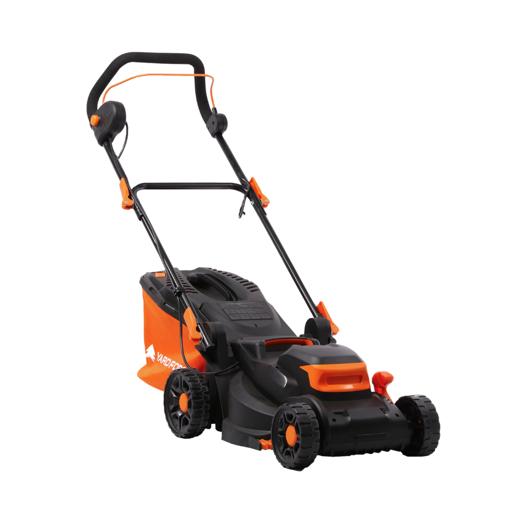 Black and orange Yard Force EM N34B lawn mower on a white background facing right.