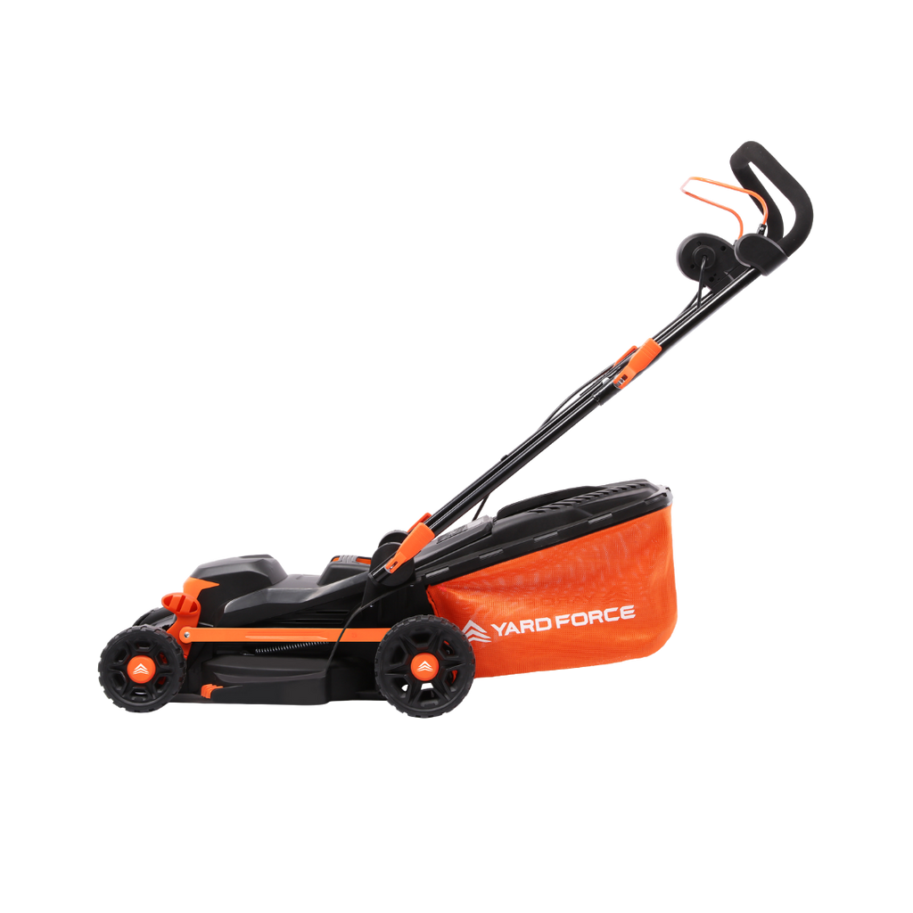 Black and orange Yard Force EM N34B lawnmower with 'Yard Force' branding on a white background side profile. 