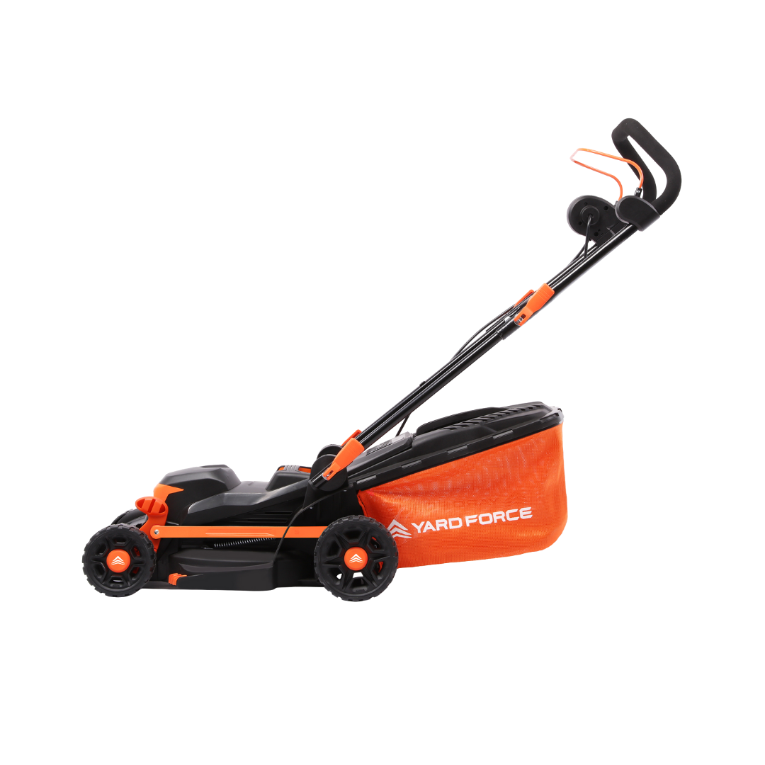 Black and orange Yard Force EM N34B lawnmower with 'Yard Force' branding on a white background side profile. 