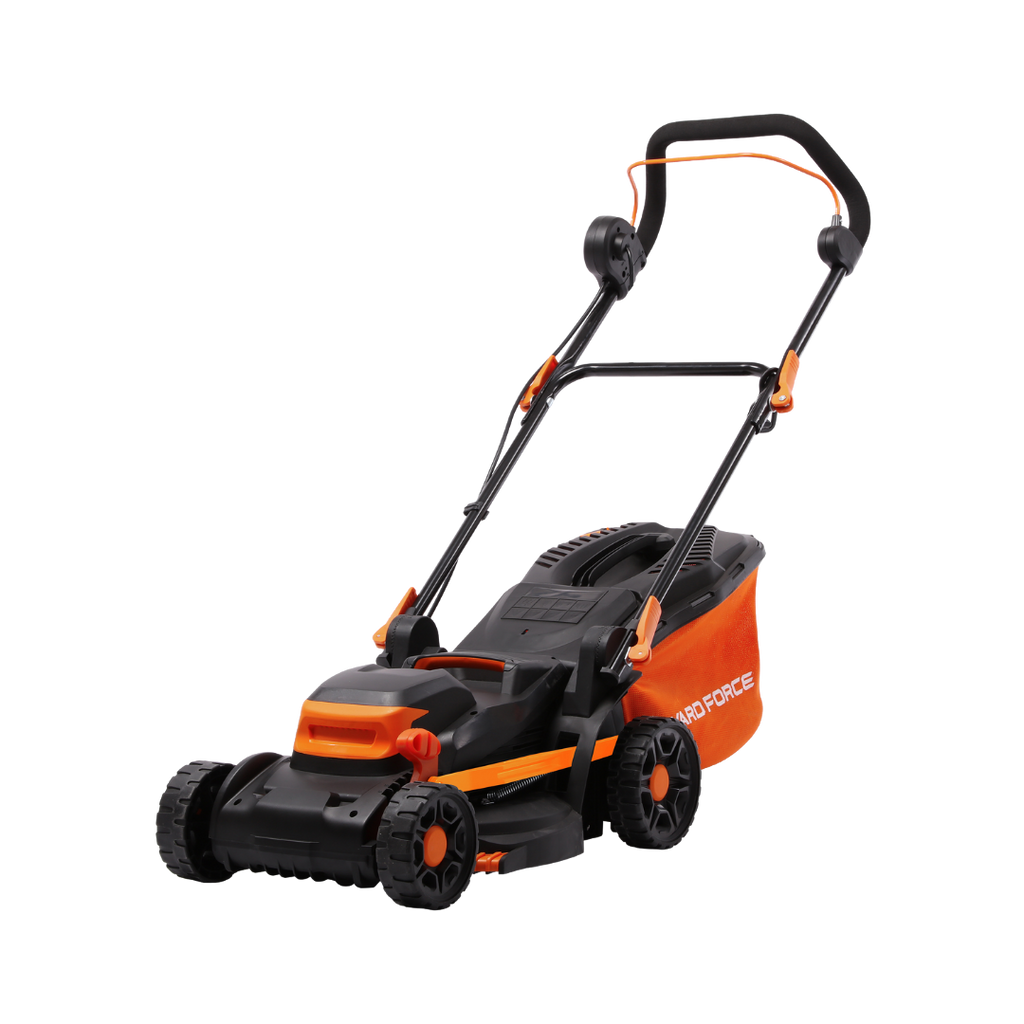 Black and orange Yard Force EM N34B lawn mower on a white background facing left.