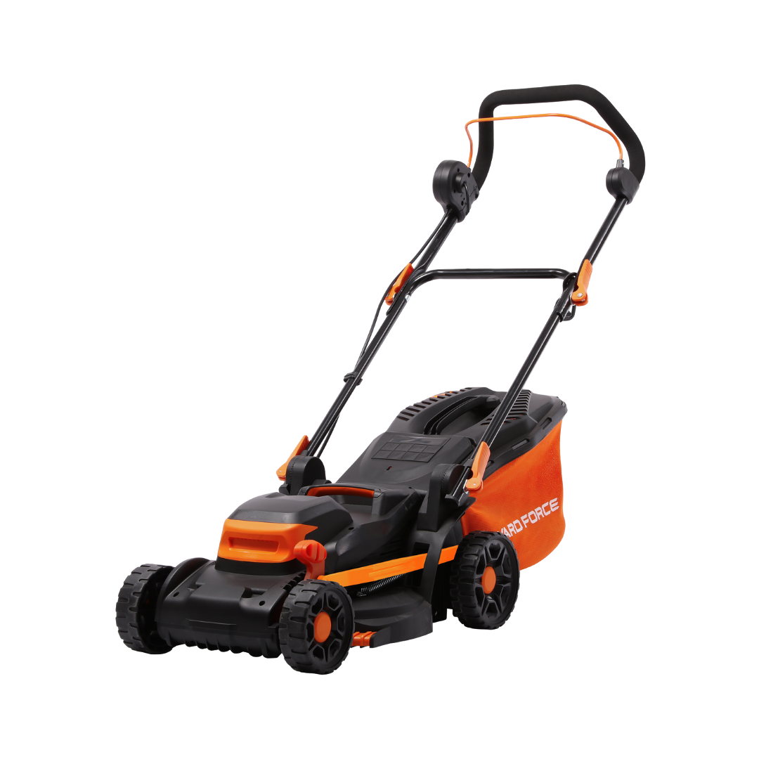Black and orange Yard Force EM N34B lawn mower on a white background facing left.