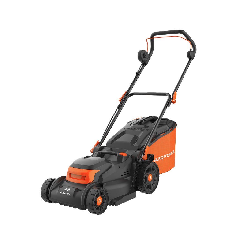 Black and orange Yard Force EM N37B lawn mower on a white background facing left