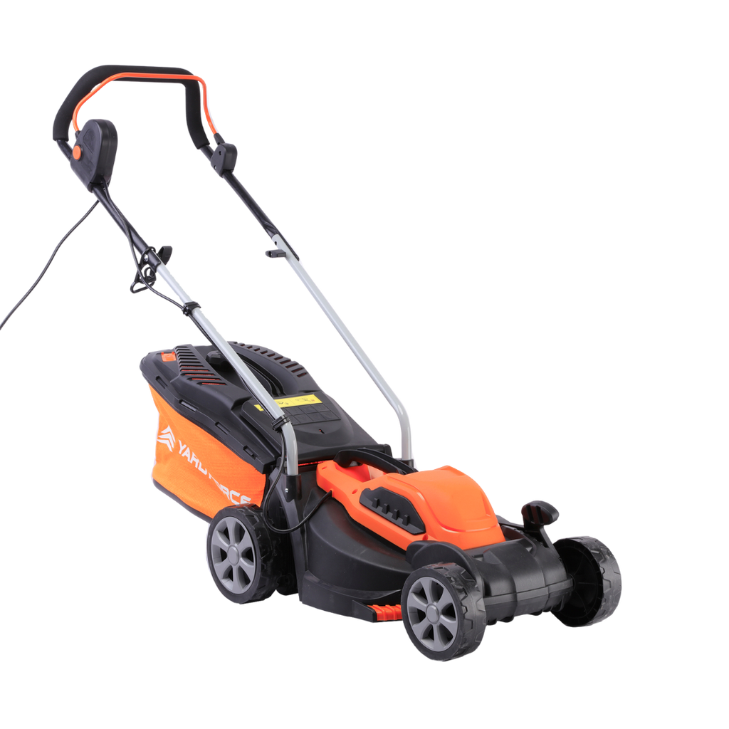 Orange and black Yard Force EM U32 electric lawn mower with 'Yard Force' branding on a white background facing right.