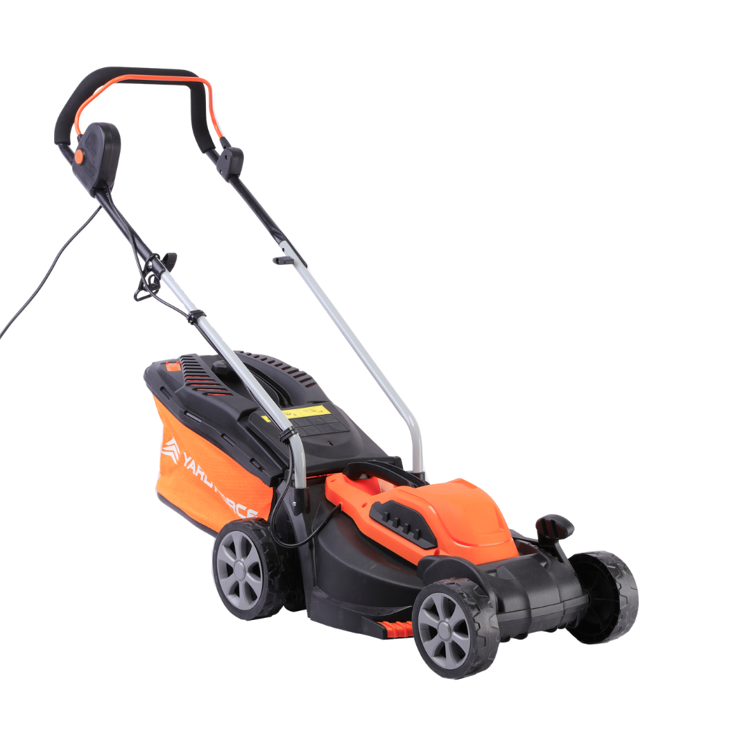 Orange and black Yard Force EM U32 electric lawn mower with 'Yard Force' branding on a white background facing right.