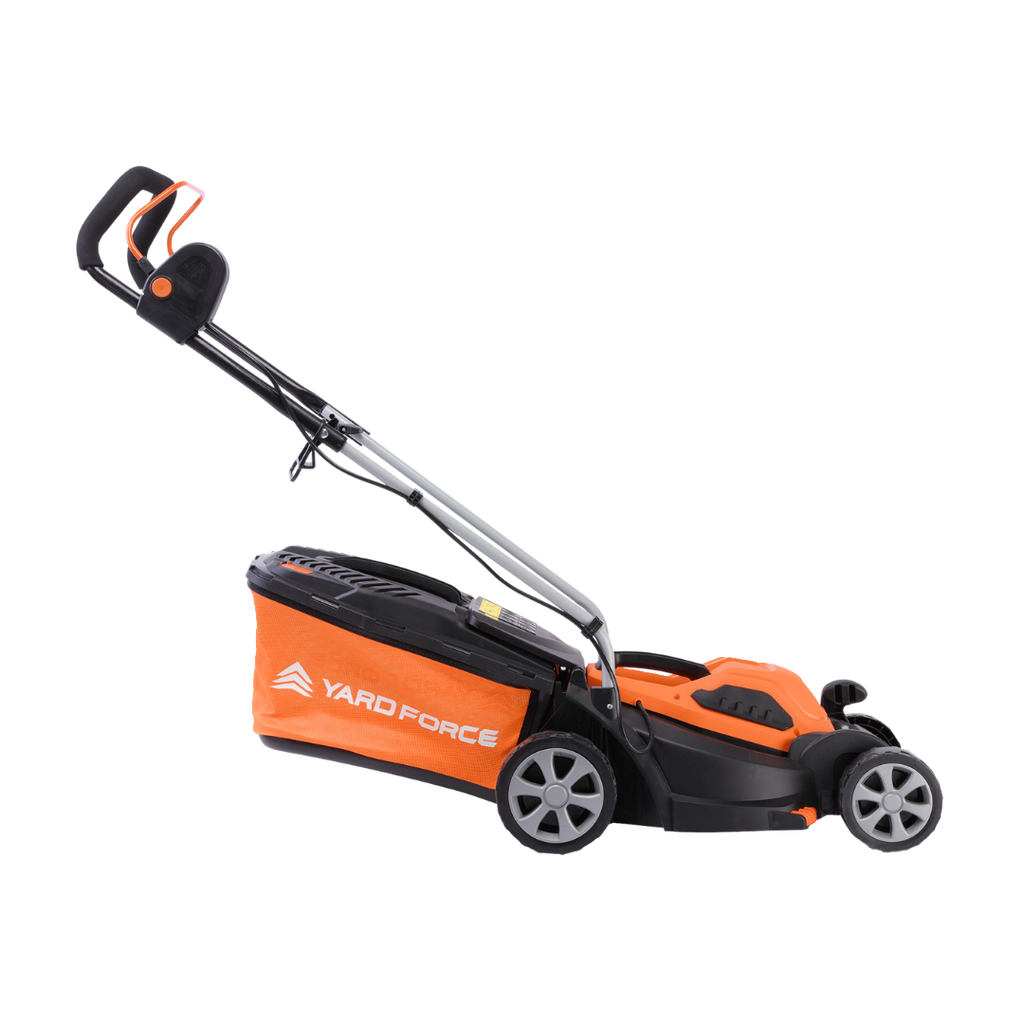Orange and black Yard Force EM U32 electric lawn mower with 'Yard Force' branding on a white background side profile.