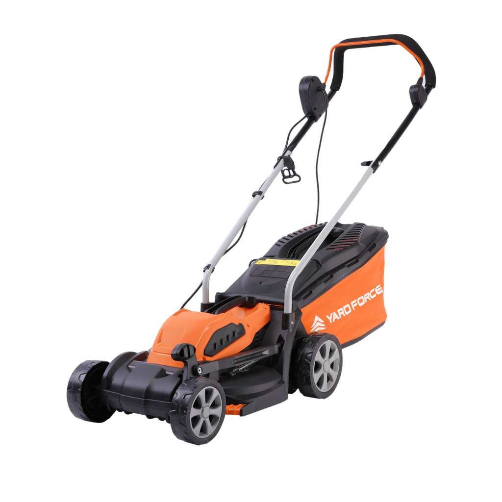 Orange and black Yard Force EM U32 electric lawn mower with 'Yard Force' branding on a white background facing left.