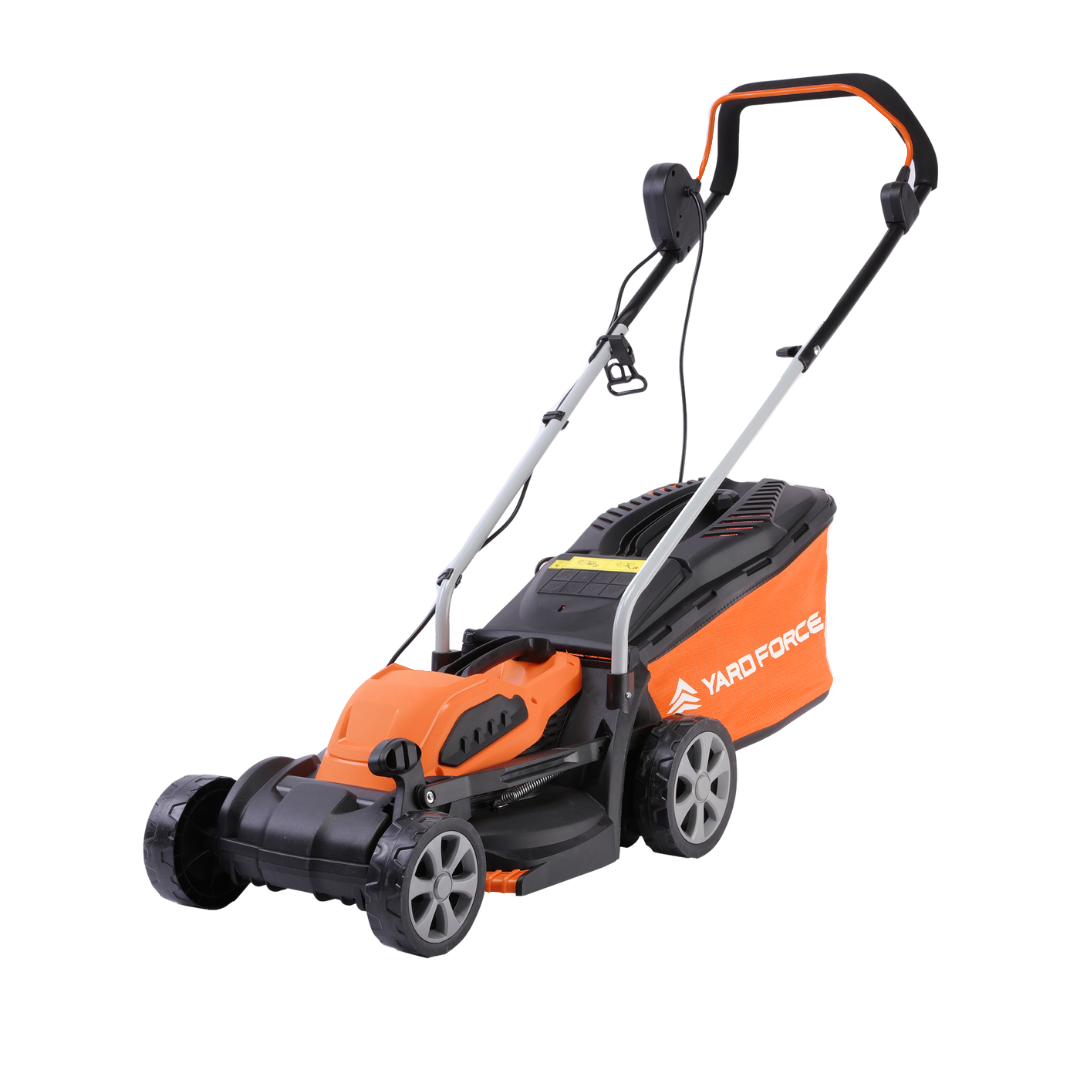 Orange and black Yard Force EM U32 electric lawn mower with 'Yard Force' branding on a white background facing left.