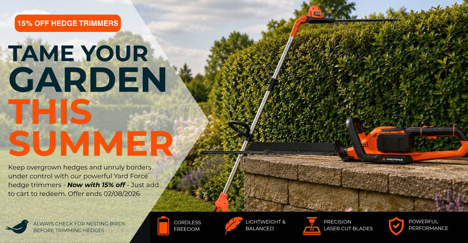 An orange and black cordless hedge trimmer is shown outdoors on a stone ledge with a trimmed green hedge in the background. Large promotional text on the left reads 'TAME YOUR GARDEN THIS SUMMER' with '15% OFF HEDGE TRIMMERS' at the top, and feature icons along the bottom.