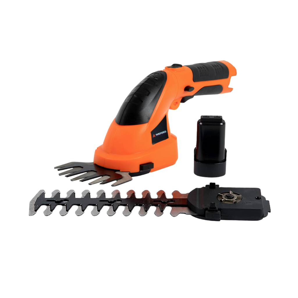 An orange and black cordless hedge trimmer attachment set with a dual-head cutting bar, a separate black battery, and a black trimmer head, shown on a plain white background.