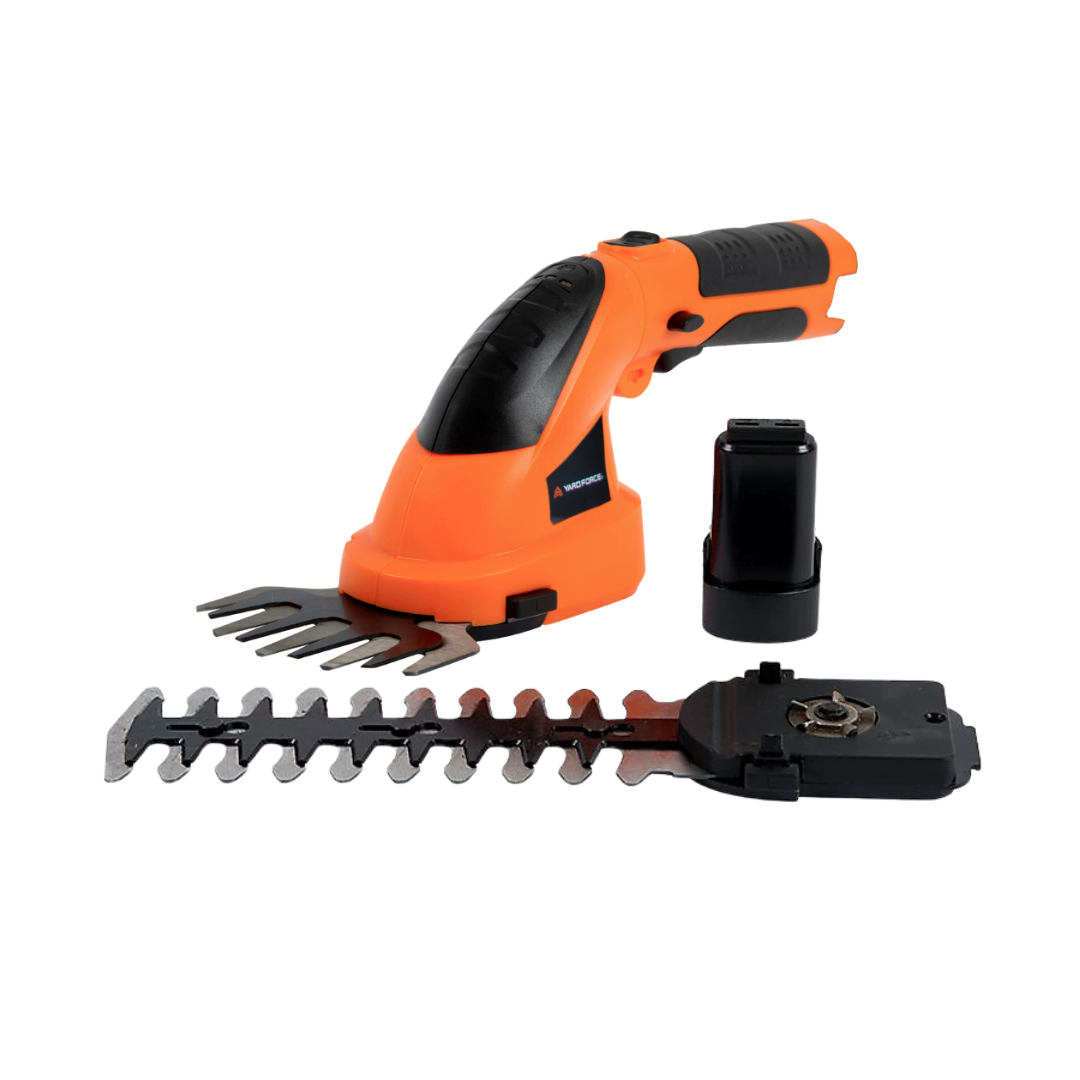An orange and black cordless hedge trimmer attachment set with a dual-head cutting bar, a separate black battery, and a black trimmer head, shown on a plain white background.