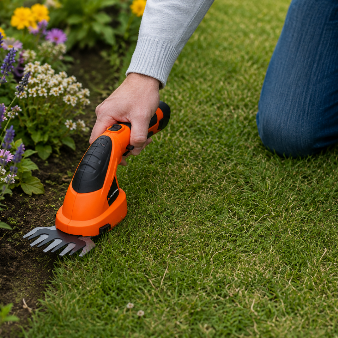 A person kneeling on green grass in a garden, using an orange and black cordless hedge trimmer with a multi-toothed cutting head to trim the edge of the lawn.