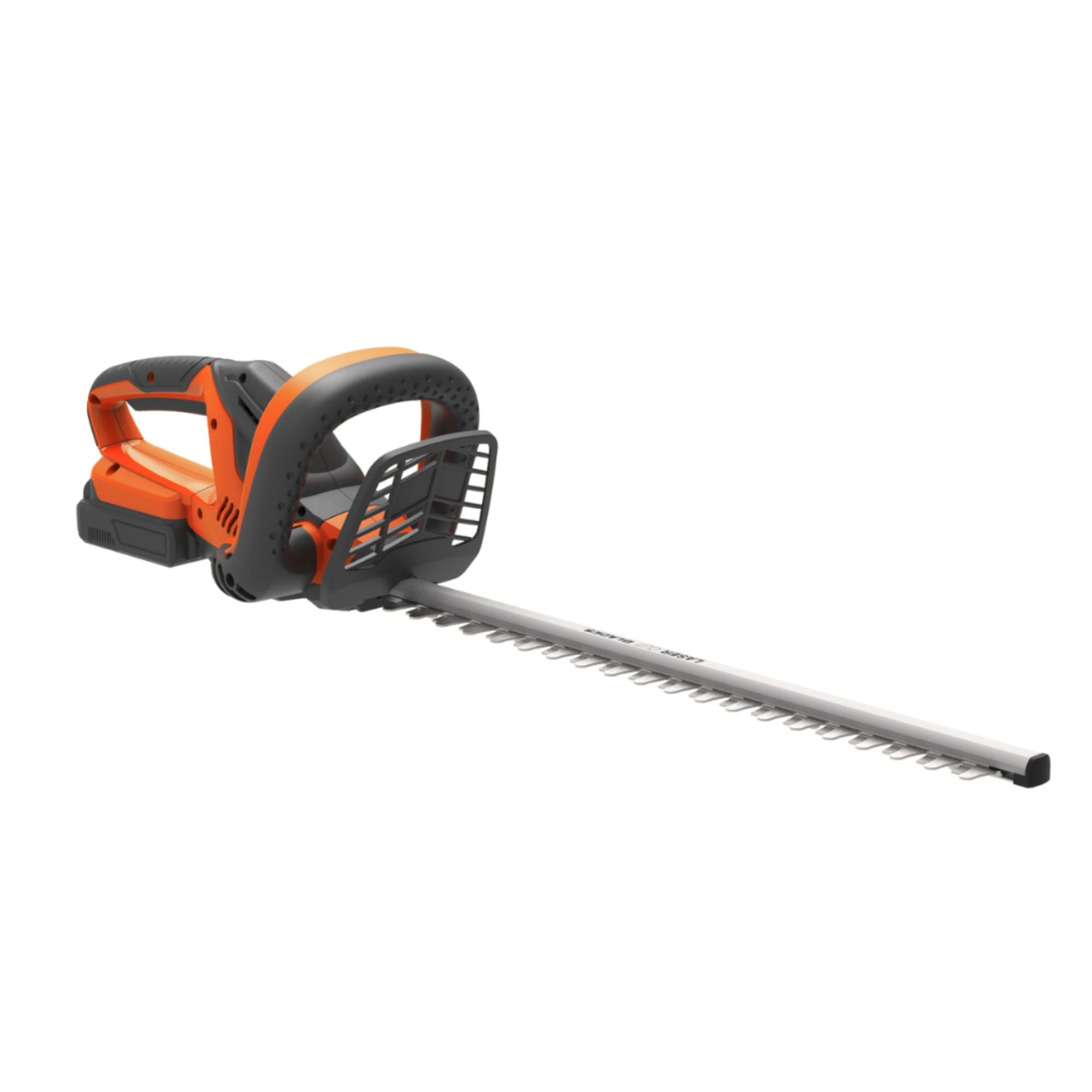 Hedge trimmer with orange and black handle on a white background