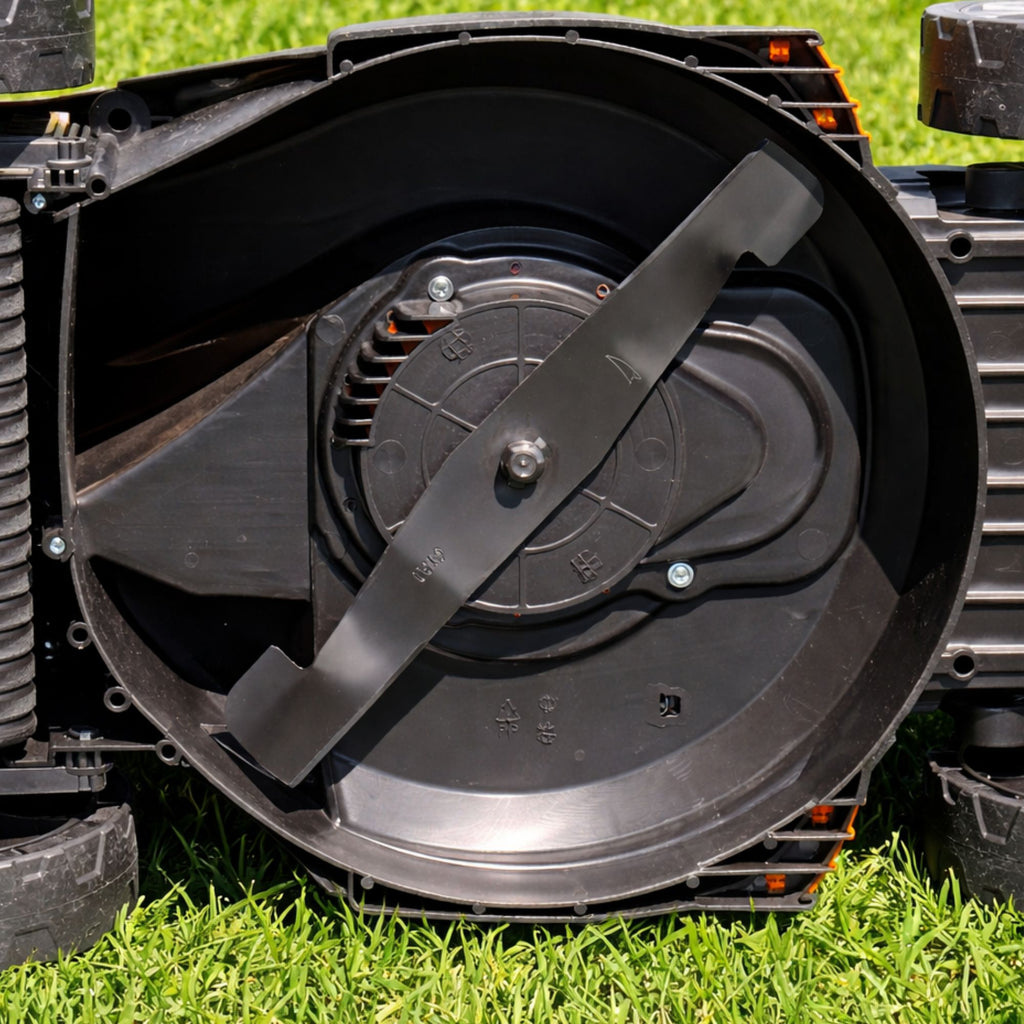 Close-up of a black lawn mower blade on grass