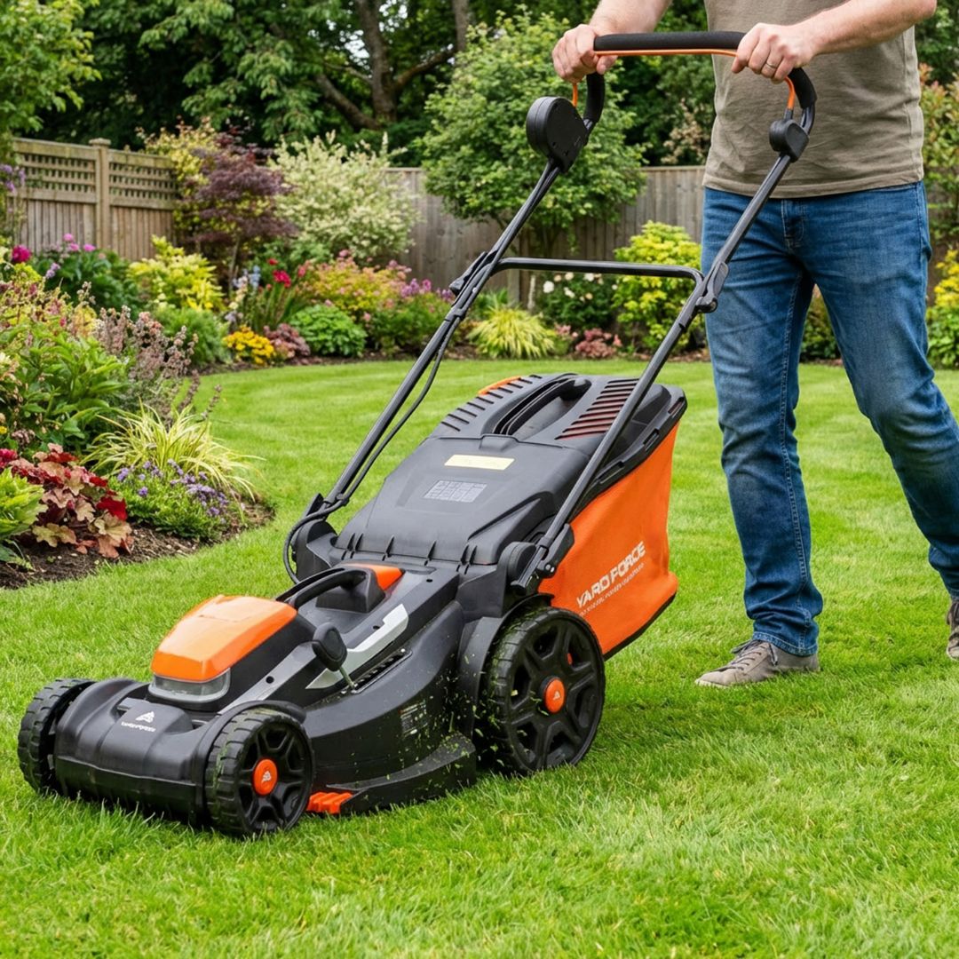 Person using a Yard Force lawn mower on a grassy area with garden plants in the background