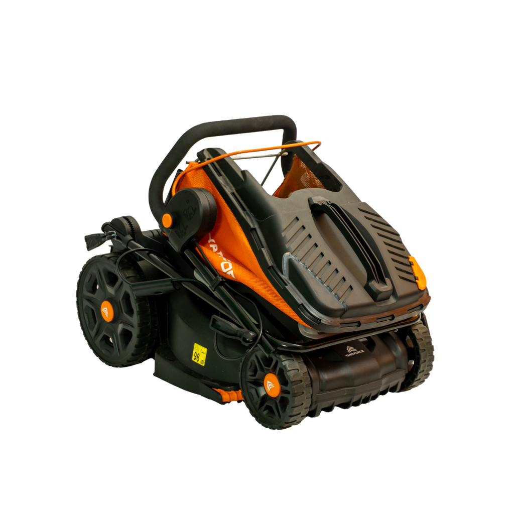 Folded black and orange lawn mower on a white background