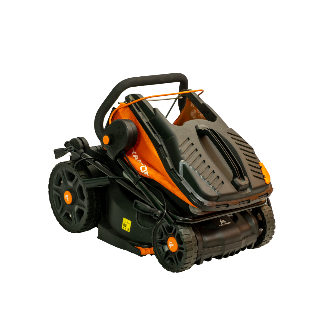 Folded black and orange lawn mower on a white background