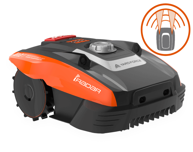 A Yard Force robotic mower showing the iradar features.