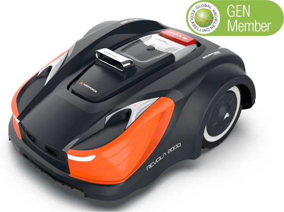 Image shows the all new Revola GPS robotic mower, show it's GEN Member badge.