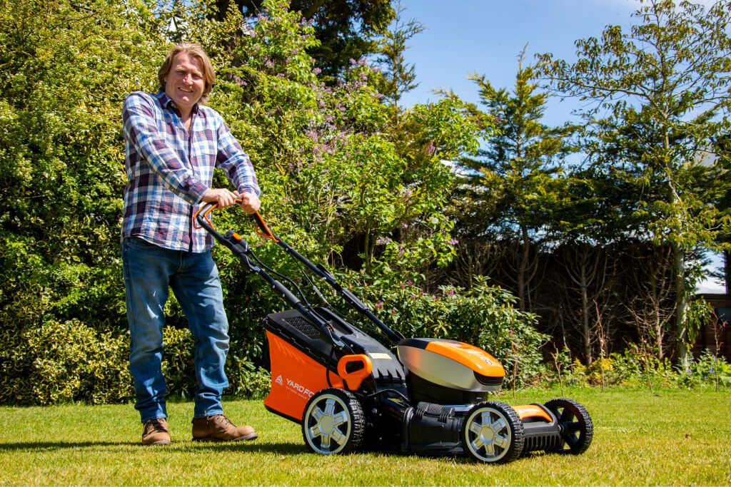 David mowing the lawn.